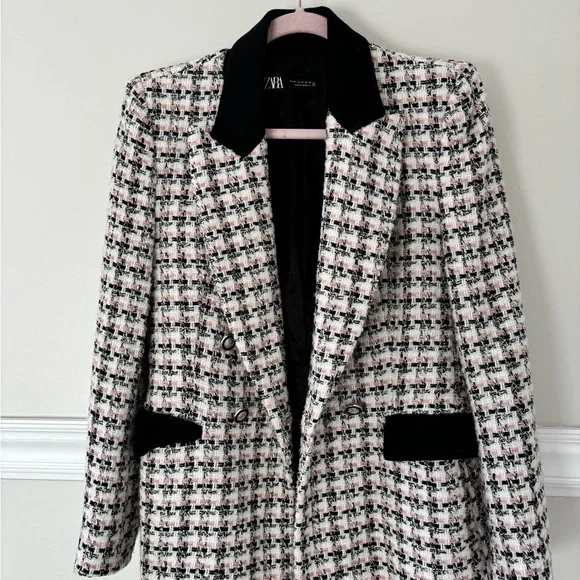 Zara Women's Black, White, Pink, Tweed Blazer - Picture 1 of 6